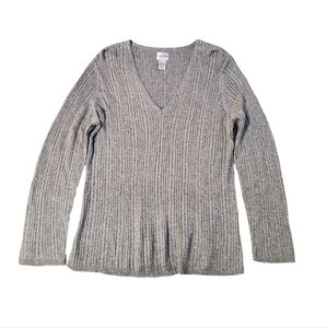 Chico's Women's Gray Metallic Silver Ribbed V-Neck Long Sleeve‎ Sweater Size 3